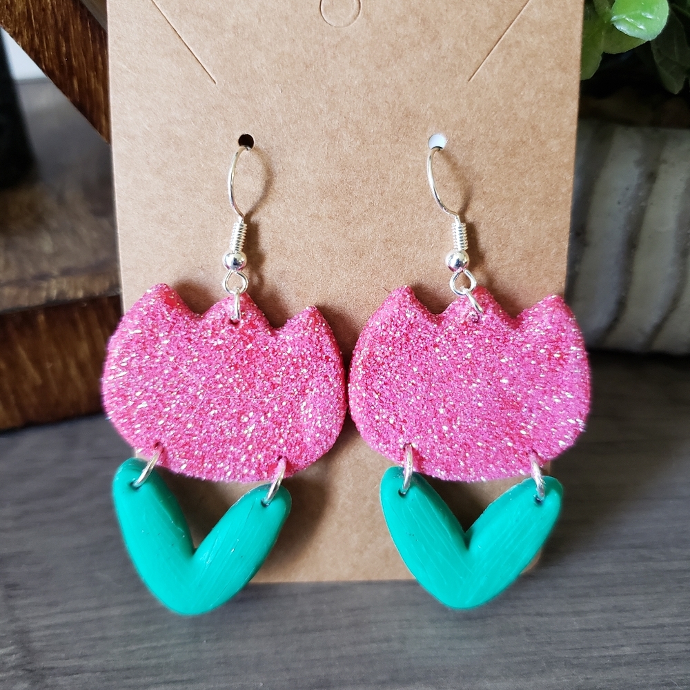 Sold Handmade Glitter pink flower double dangle earrings